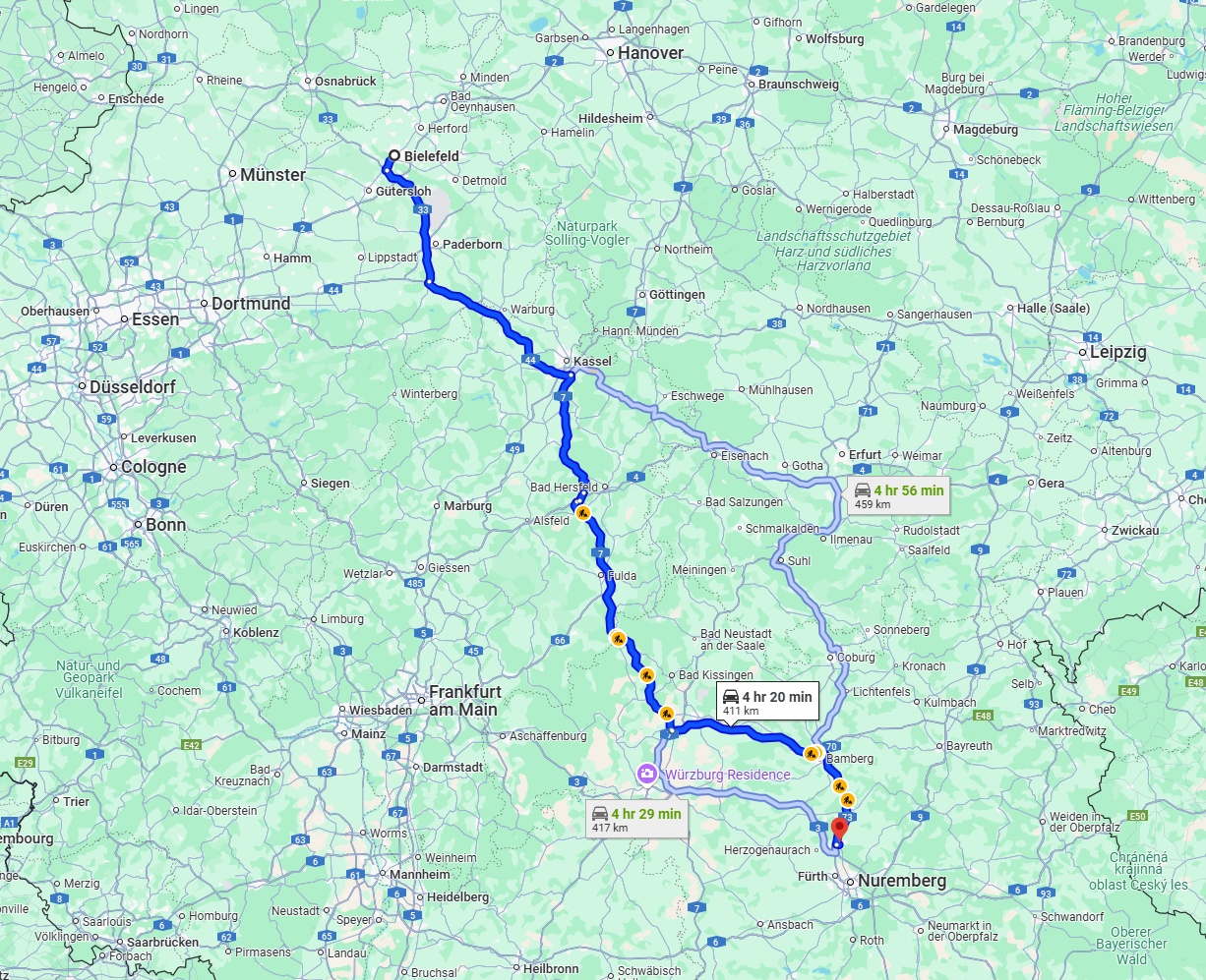 Anreise von Bielefeld Zu Erlangen Über via A7