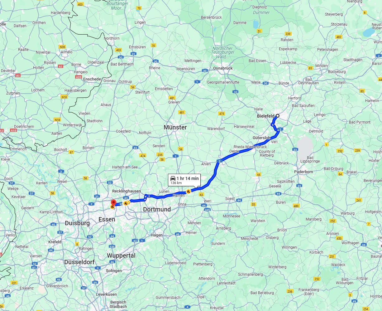 Anreise von Bielefeld Zu Gelsenkirchen Über via A2