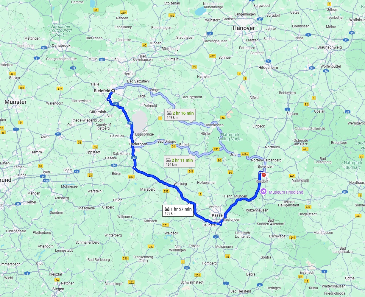 Anreise von Bielefeld Zu Göttingen Über via A33, A44 and A7