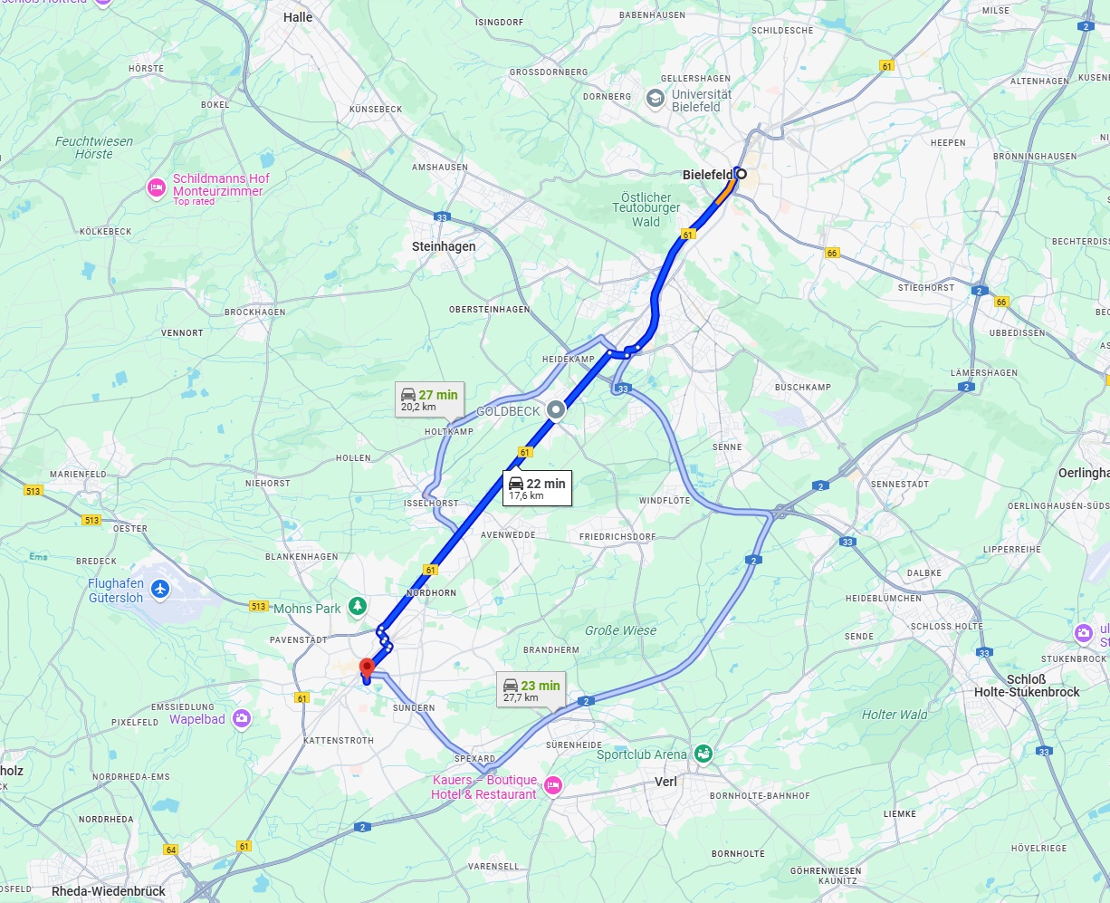 Anreise von Bielefeld Zu Gütersloh Über via B61 and B61