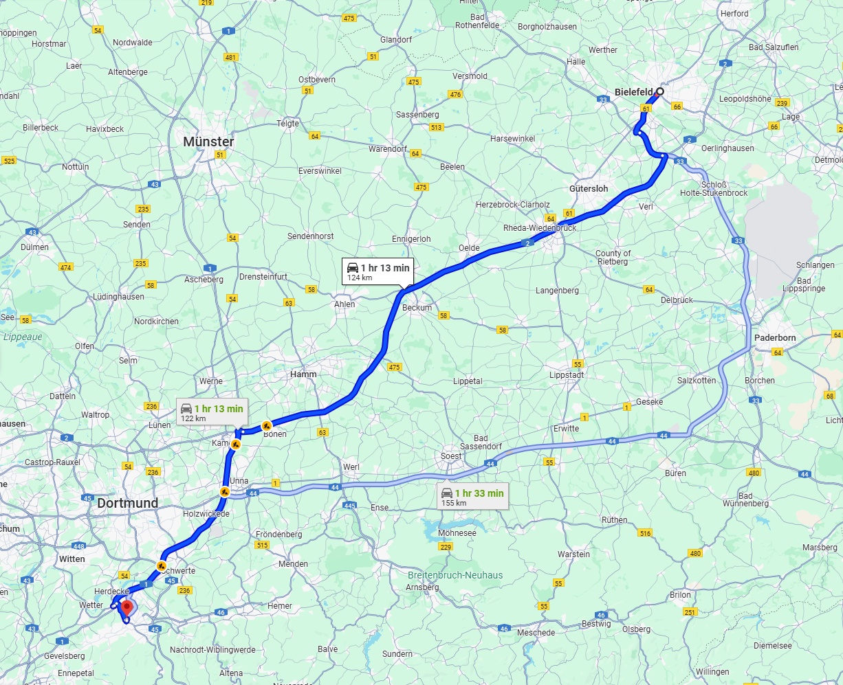 Anreise von Bielefeld Zu Hagen Über via A2 and A1