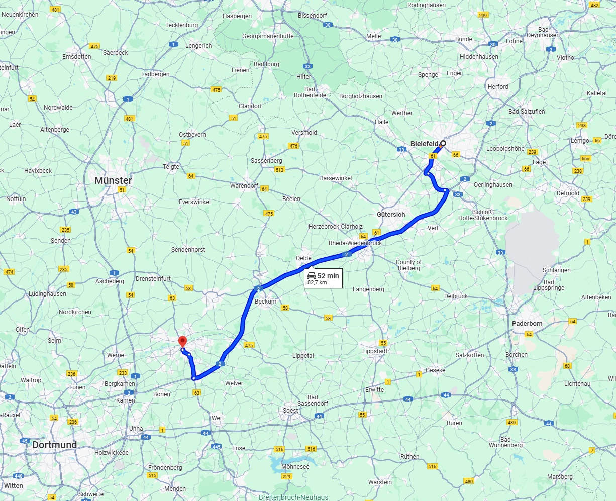 Anreise von Bielefeld Zu Hamm Über via A2