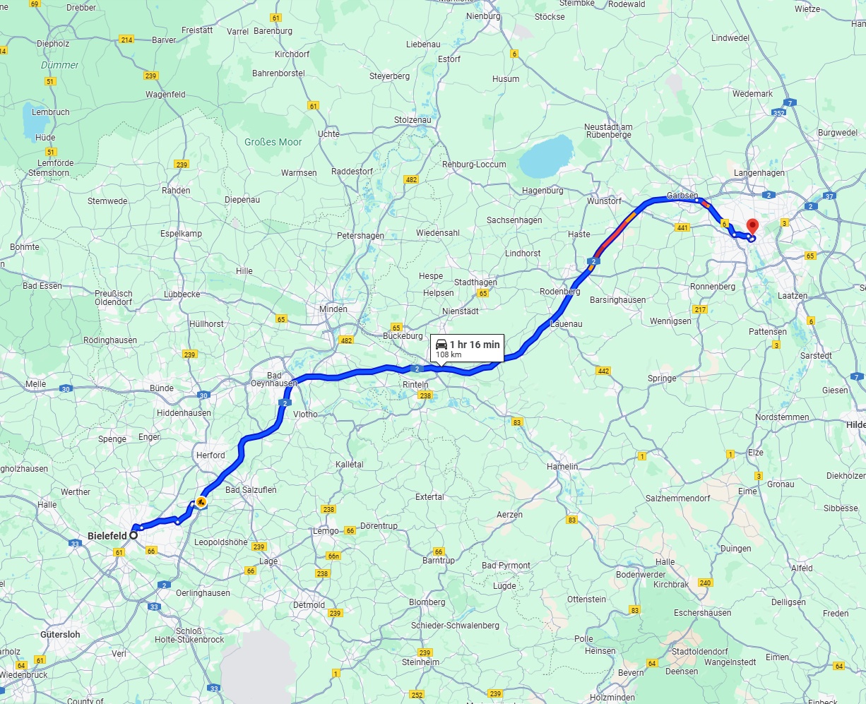 Anreise von Bielefeld Zu Hannover Über via A2