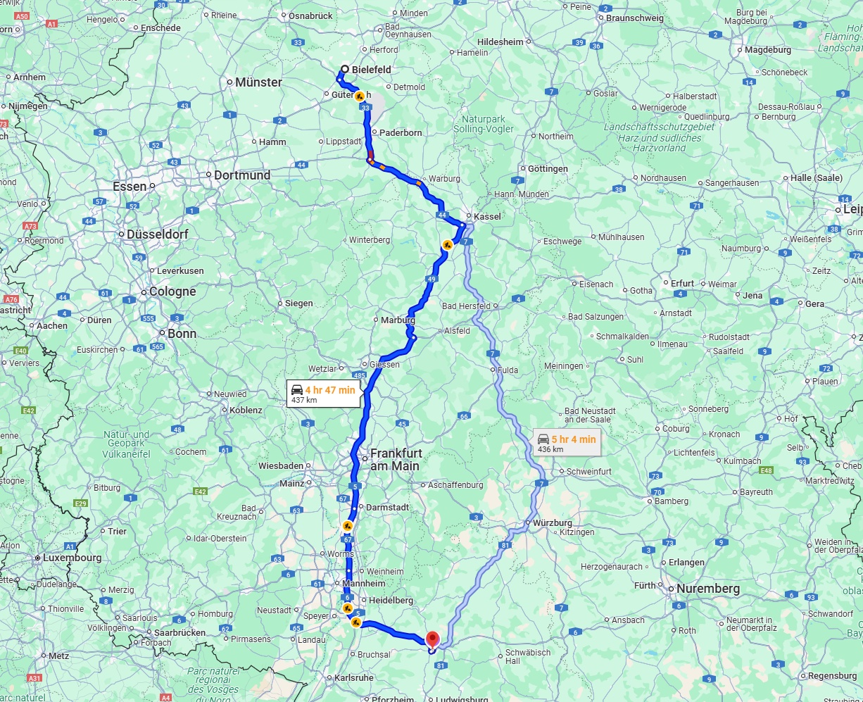Anreise von Bielefeld Zu Heilbronn Über via A5