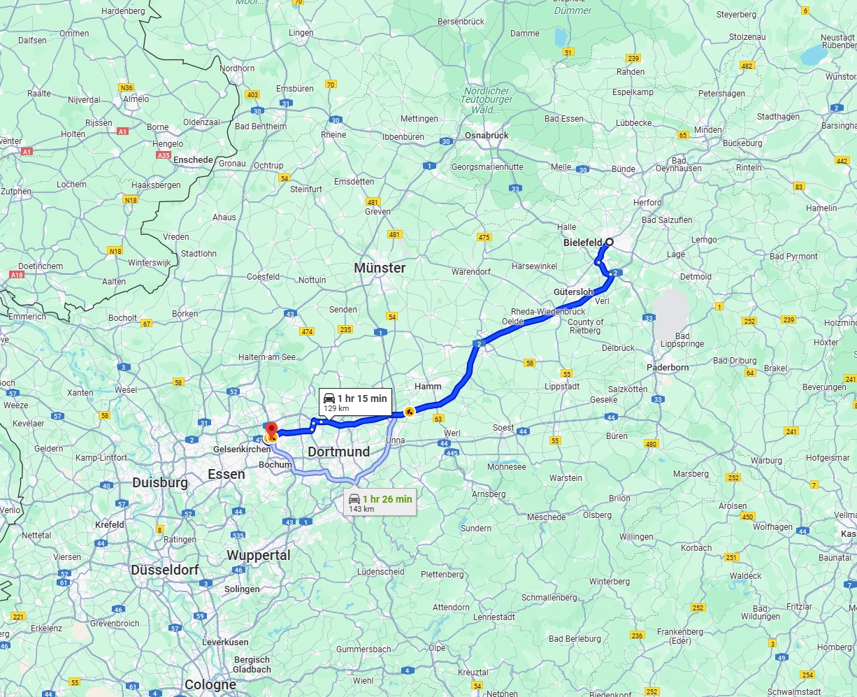 Anreise von Bielefeld Zu Herne Über via A2