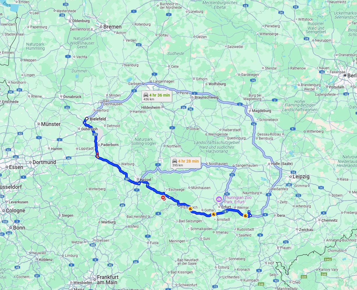 Anreise von Bielefeld Zu Jena Über via A44 and A4