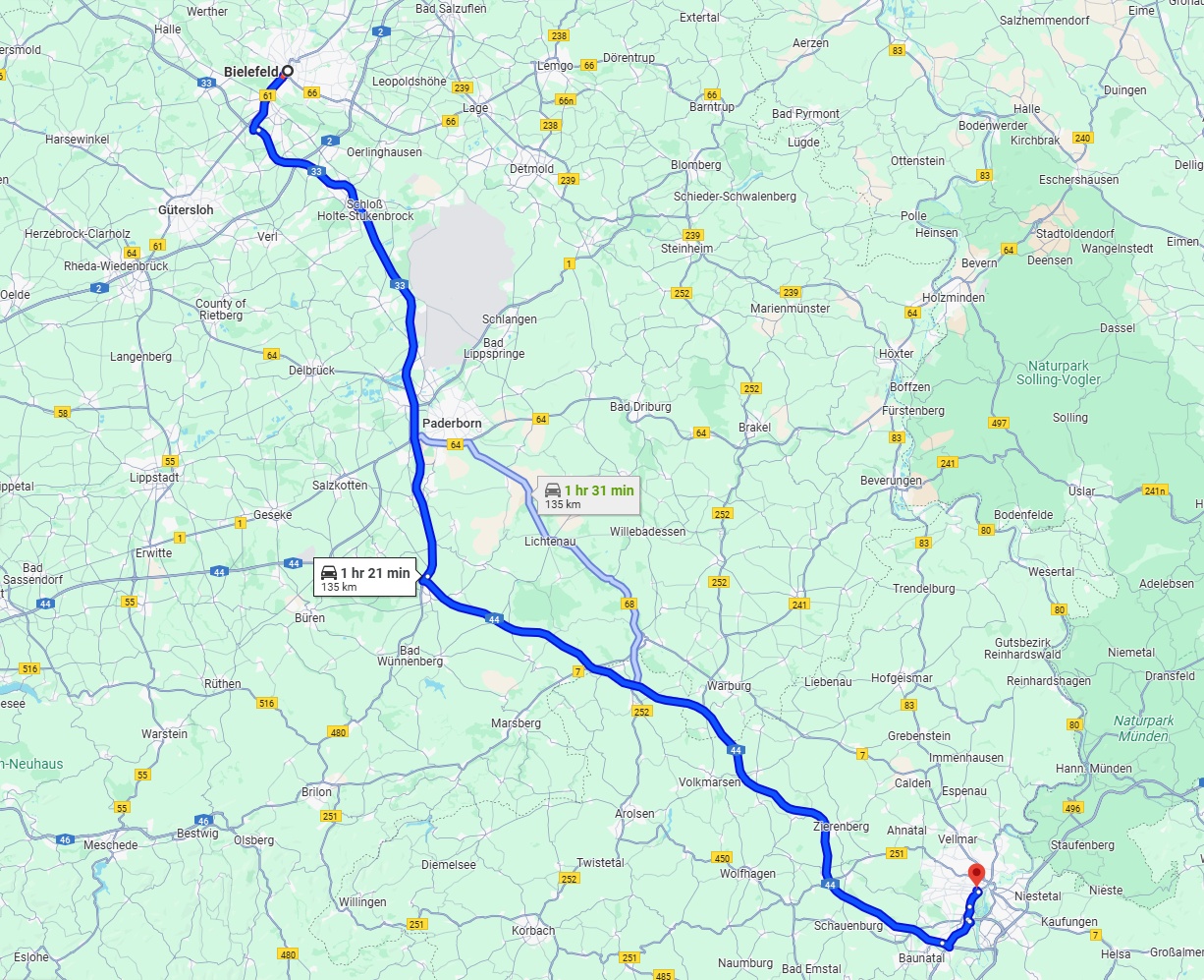 Anreise von Bielefeld Zu Kassel Über via A33 and A44