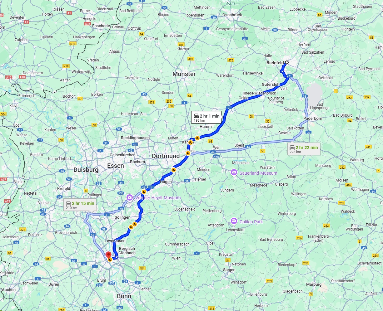 Anreise von Bielefeld Zu Köln Über via A2 and A1