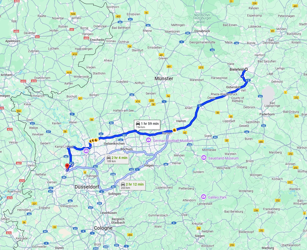 Anreise von Bielefeld Zu Krefeld Über via A2