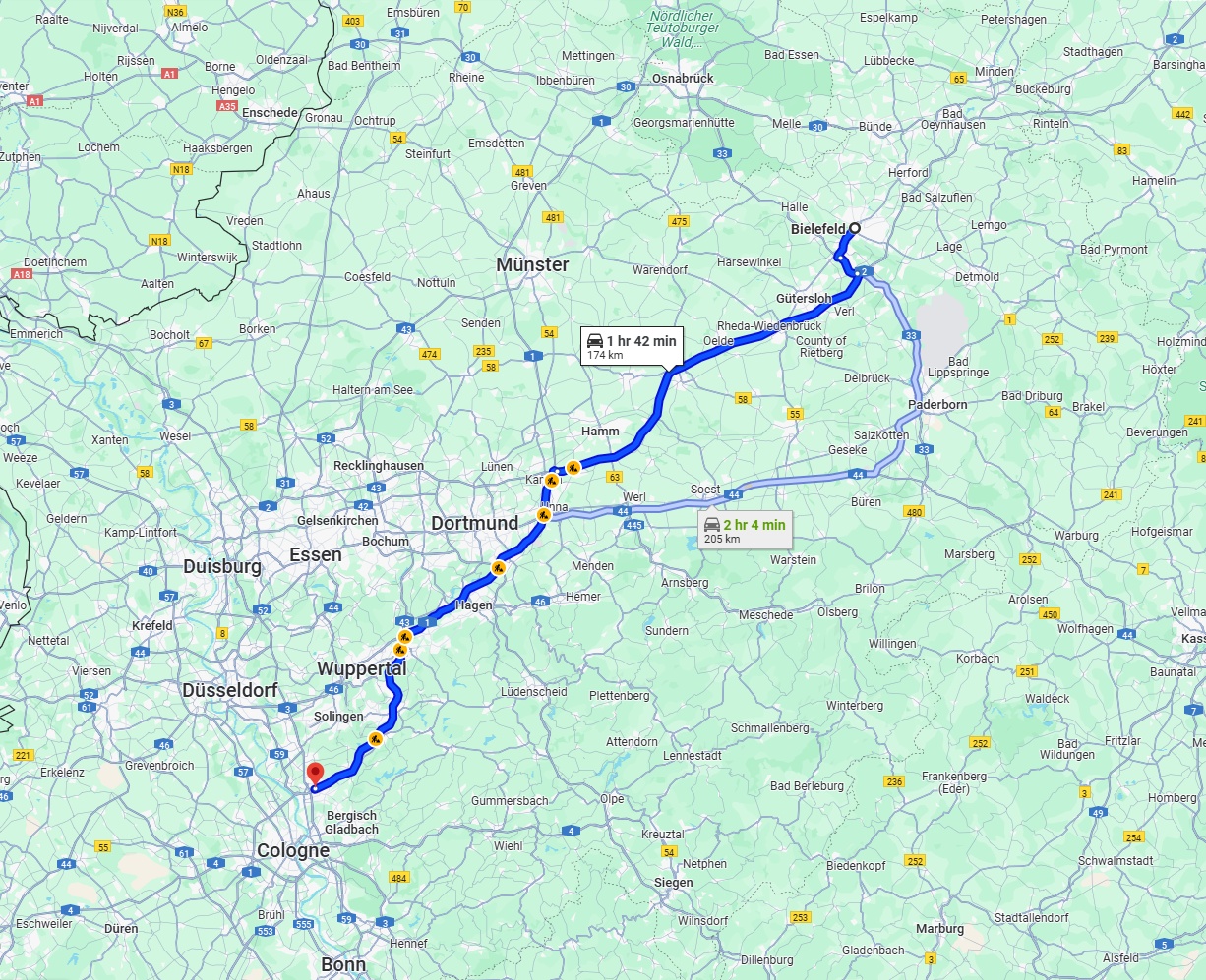 Anreise von Bielefeld Zu Leverkusen Über via A2 and A1