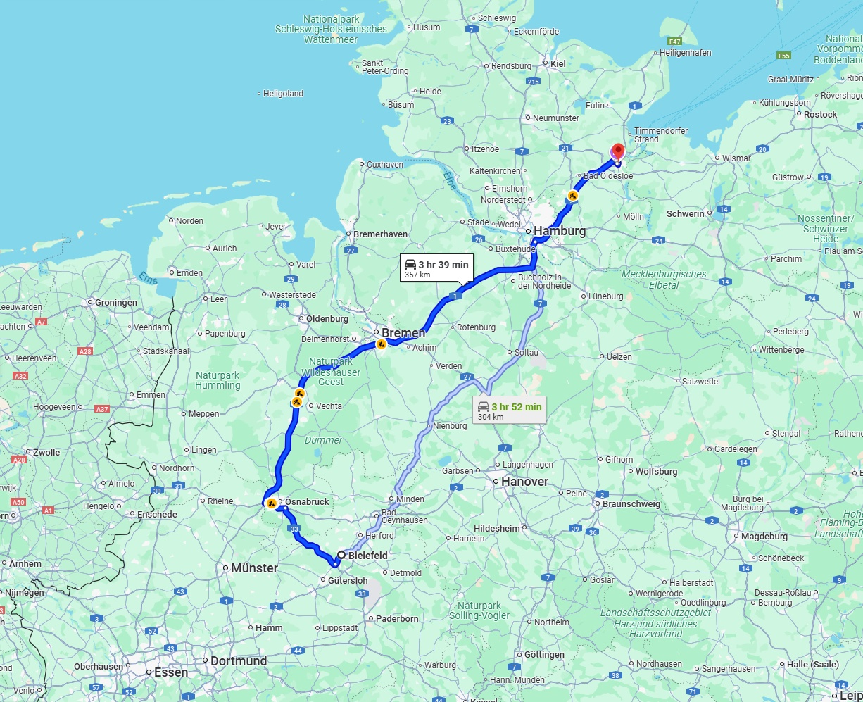 Anreise von Bielefeld Zu Lübeck Über via A1