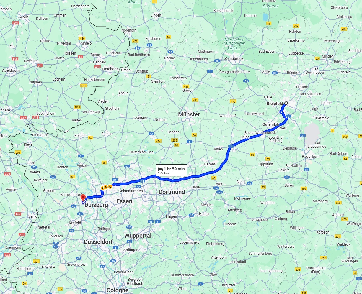 Anreise von Bielefeld Zu Moers Über via A2