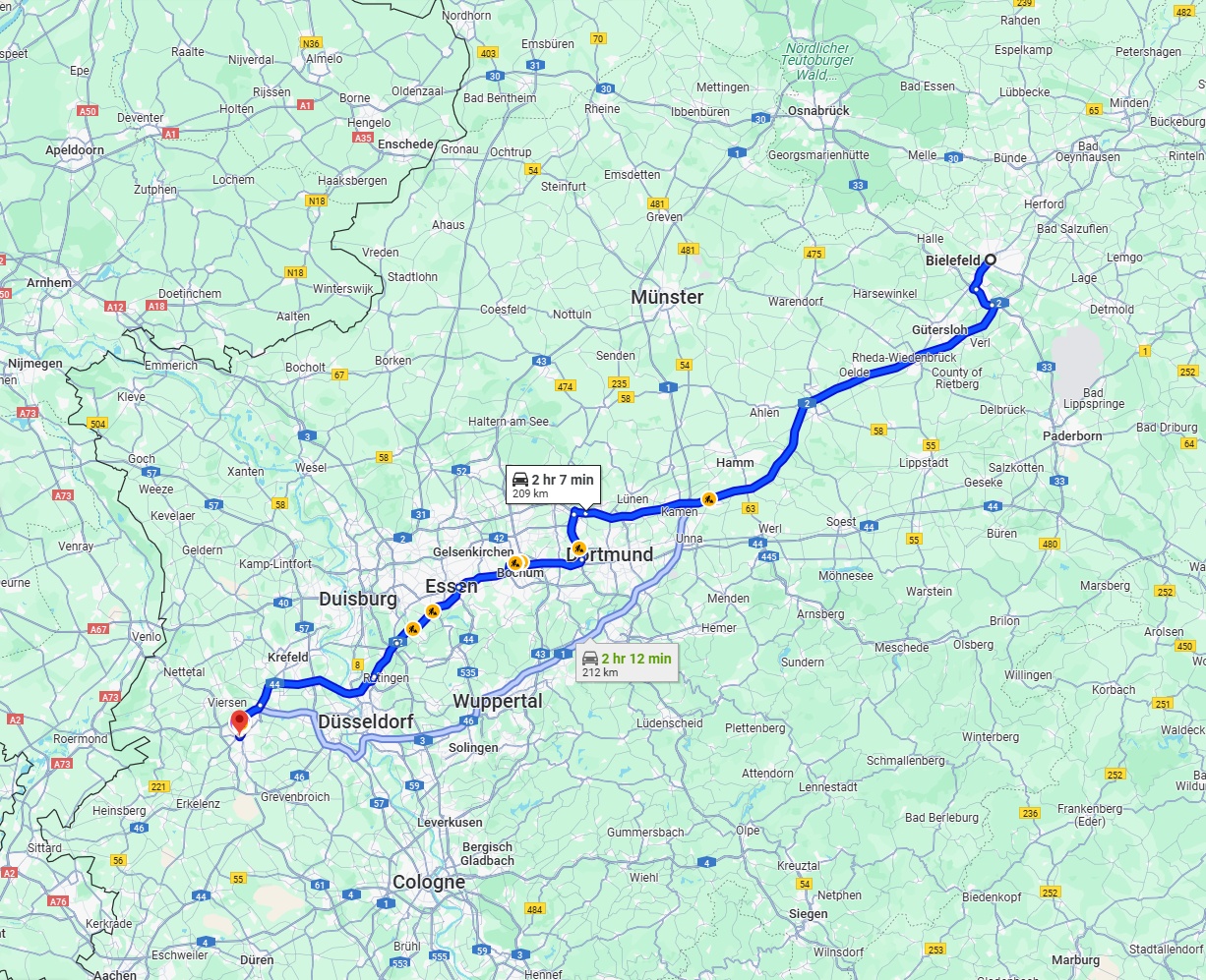 Anreise von Bielefeld Zu Mönchengladbach Über via A2