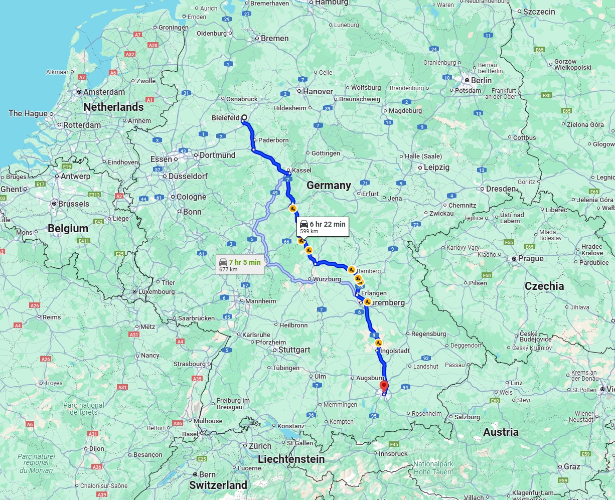 Anreise von Bielefeld Zu München Über via A7 and A9