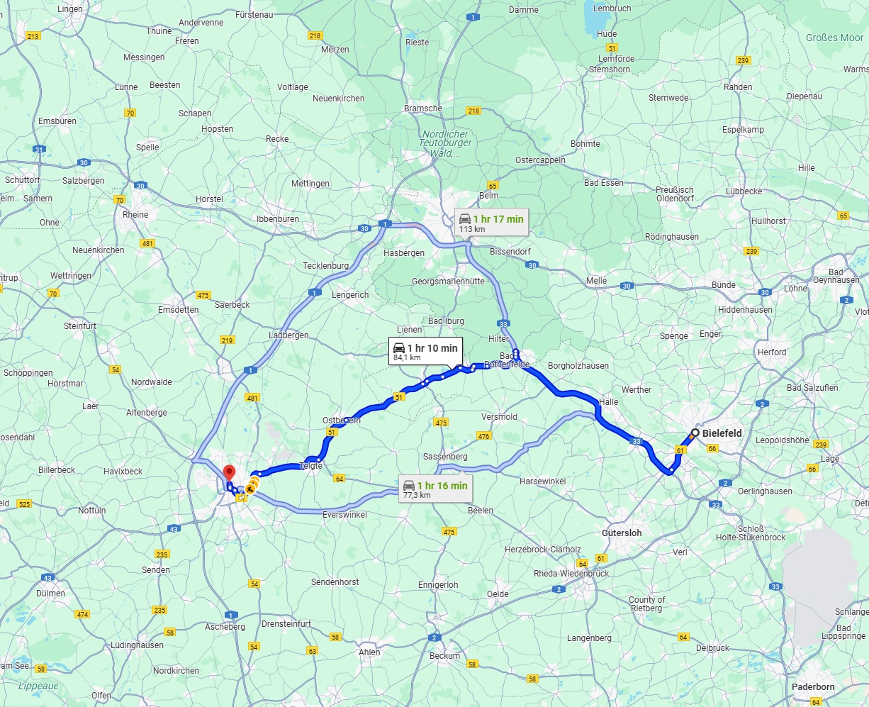 Anreise von Bielefeld Zu Münster Über via A33 and B51