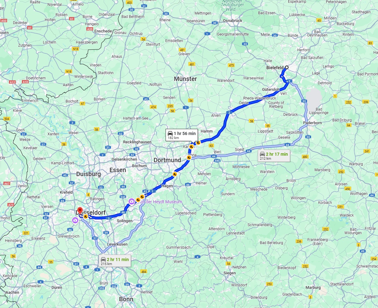 Anreise von Bielefeld Zu Neuss Über via A2