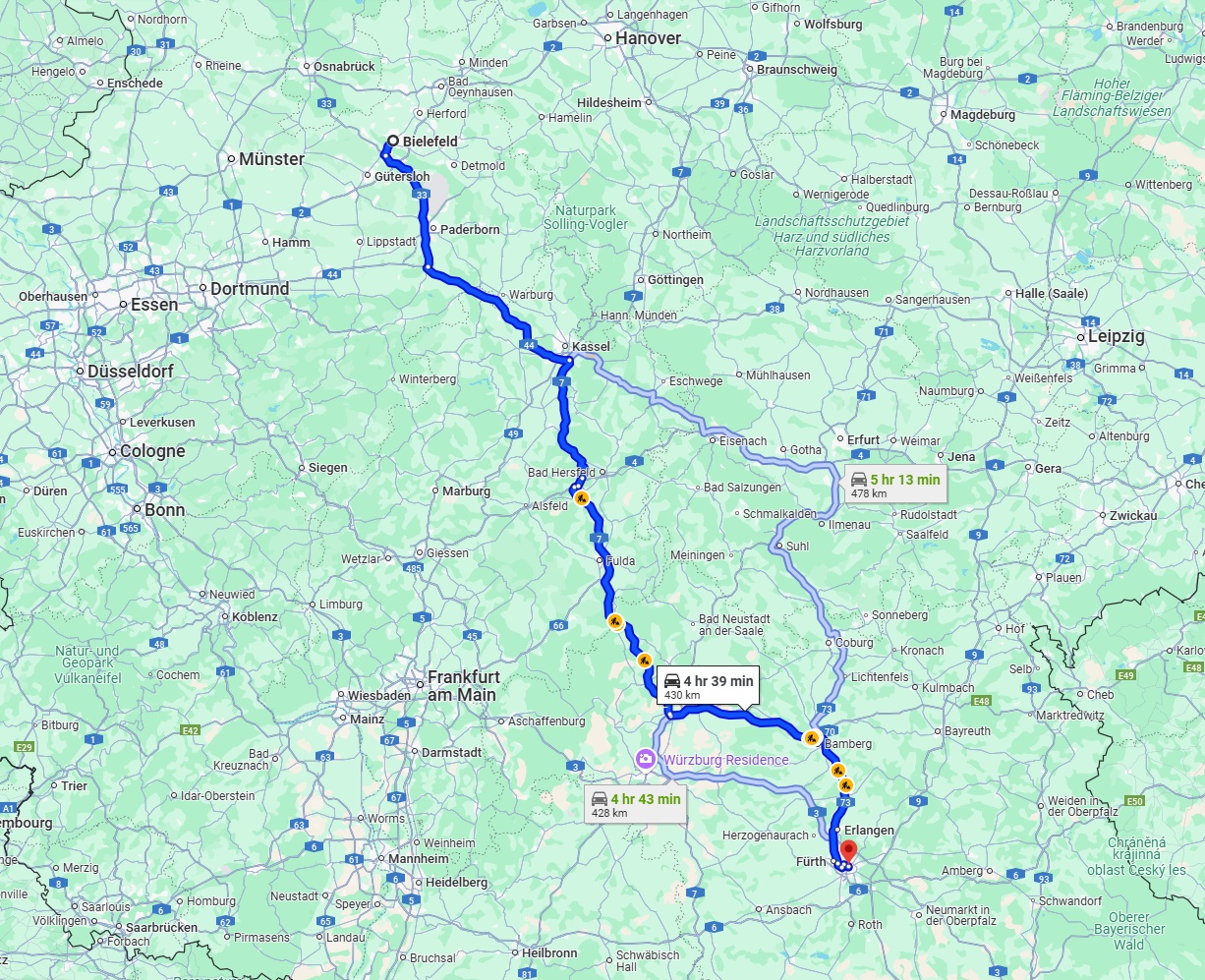 Anreise von Bielefeld Zu Nürnberg Über via A7