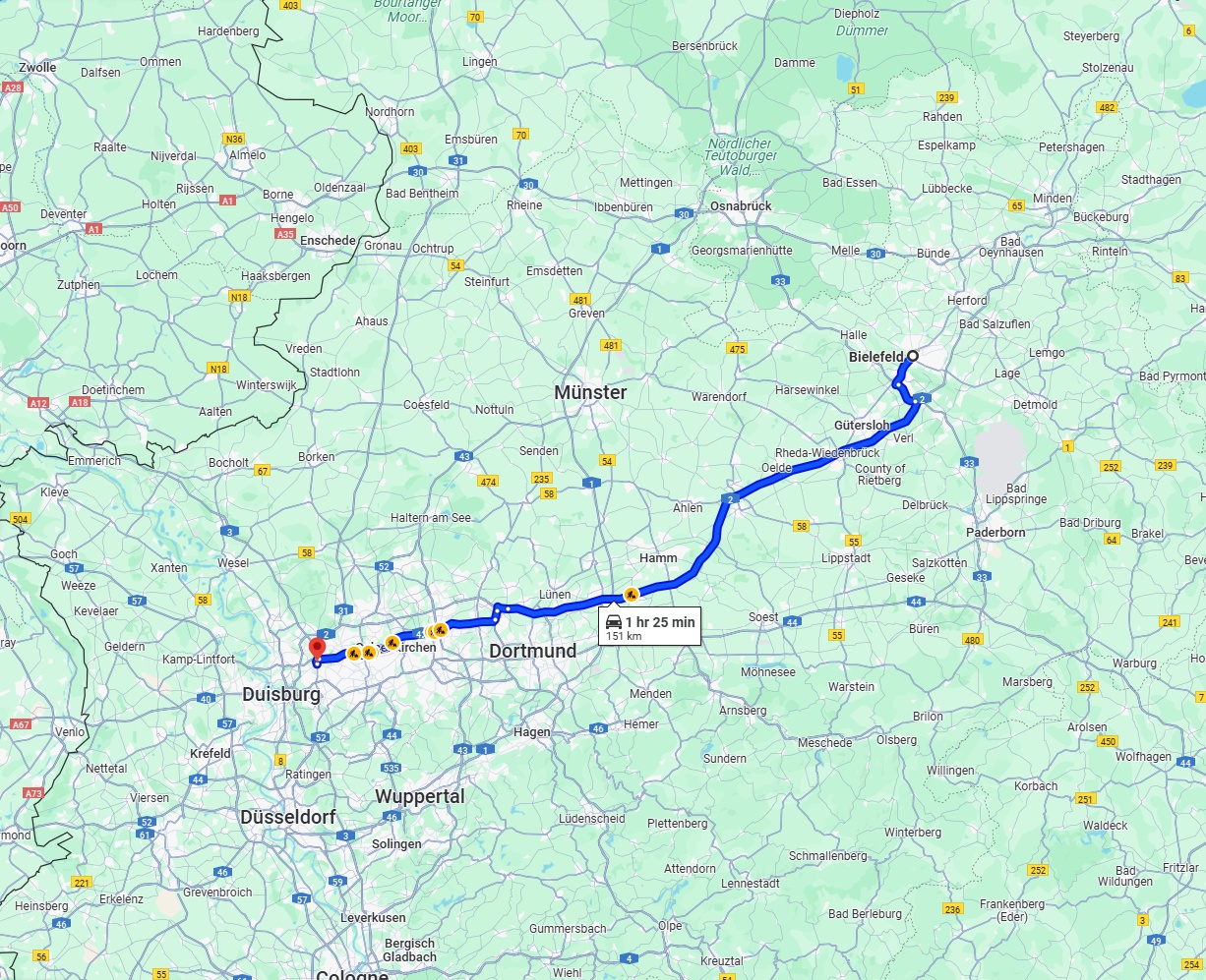 Anreise von Bielefeld Zu Oberhausen Über via A2