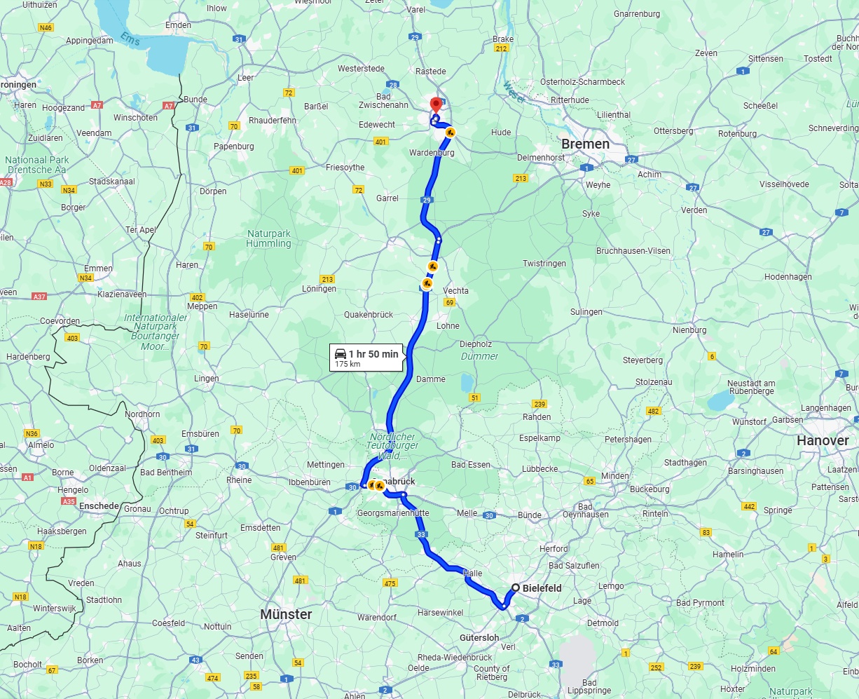 Anreise von Bielefeld Zu Oldenburg Über via A33 and A1