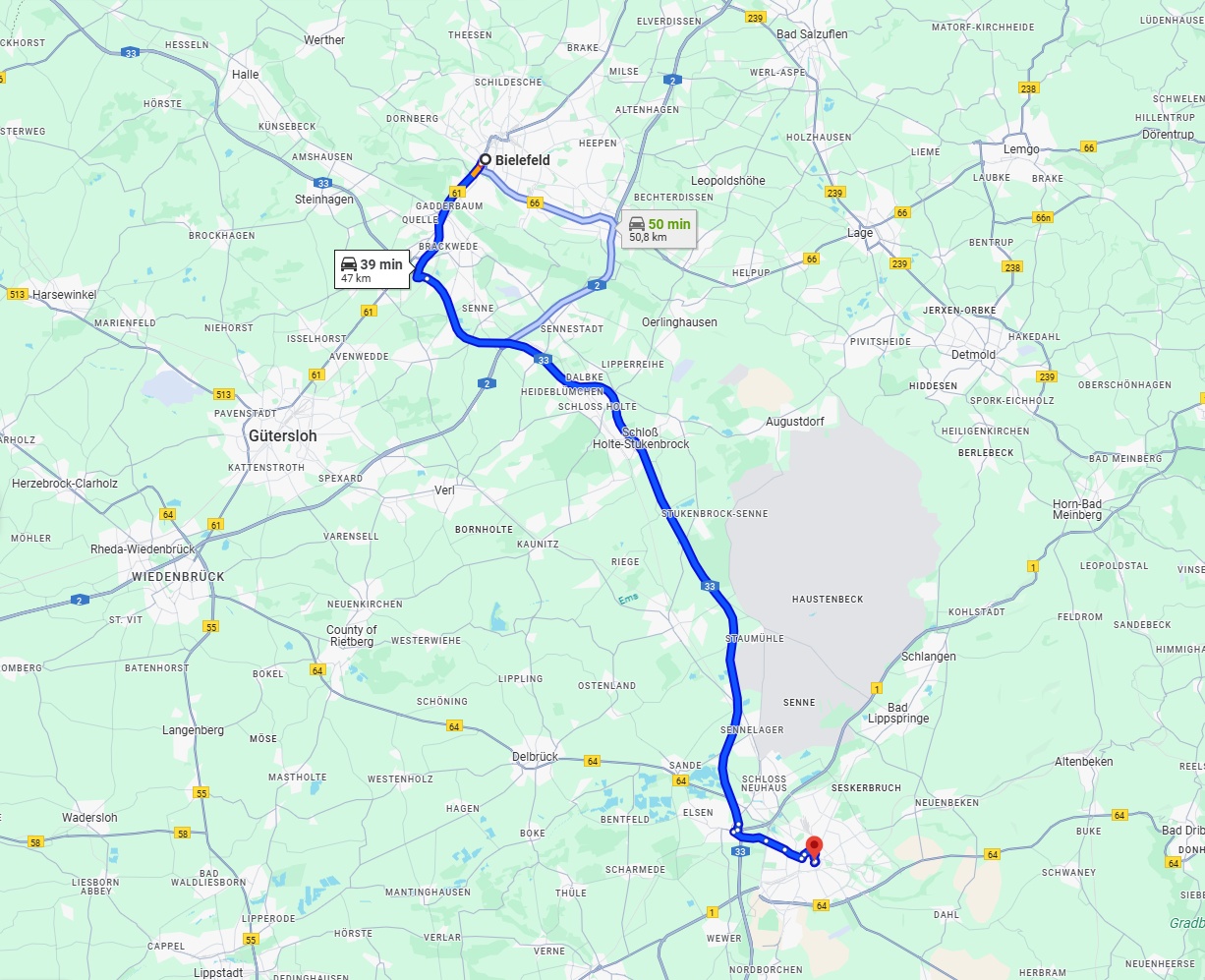 Anreise von Bielefeld Zu Paderborn Über via A33