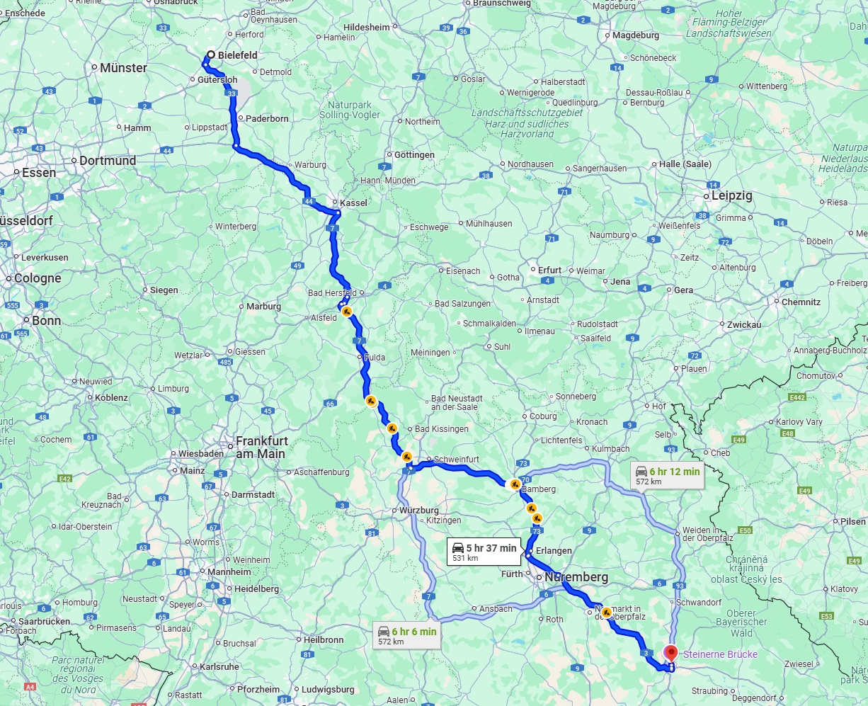 Anreise von Bielefeld Zu Regensburg Über via A7