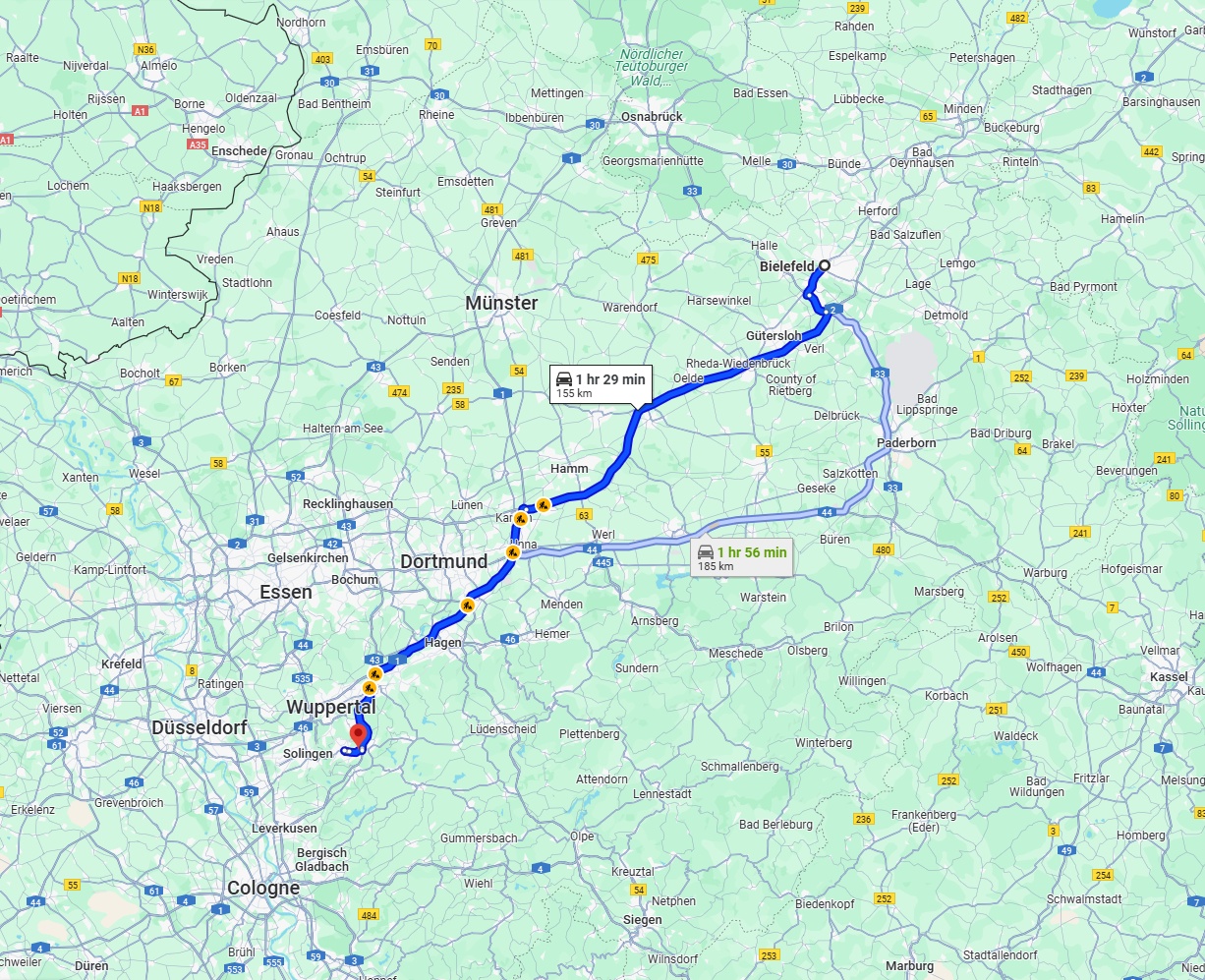 Anreise von Bielefeld Zu Remscheid Über via A2 and A1