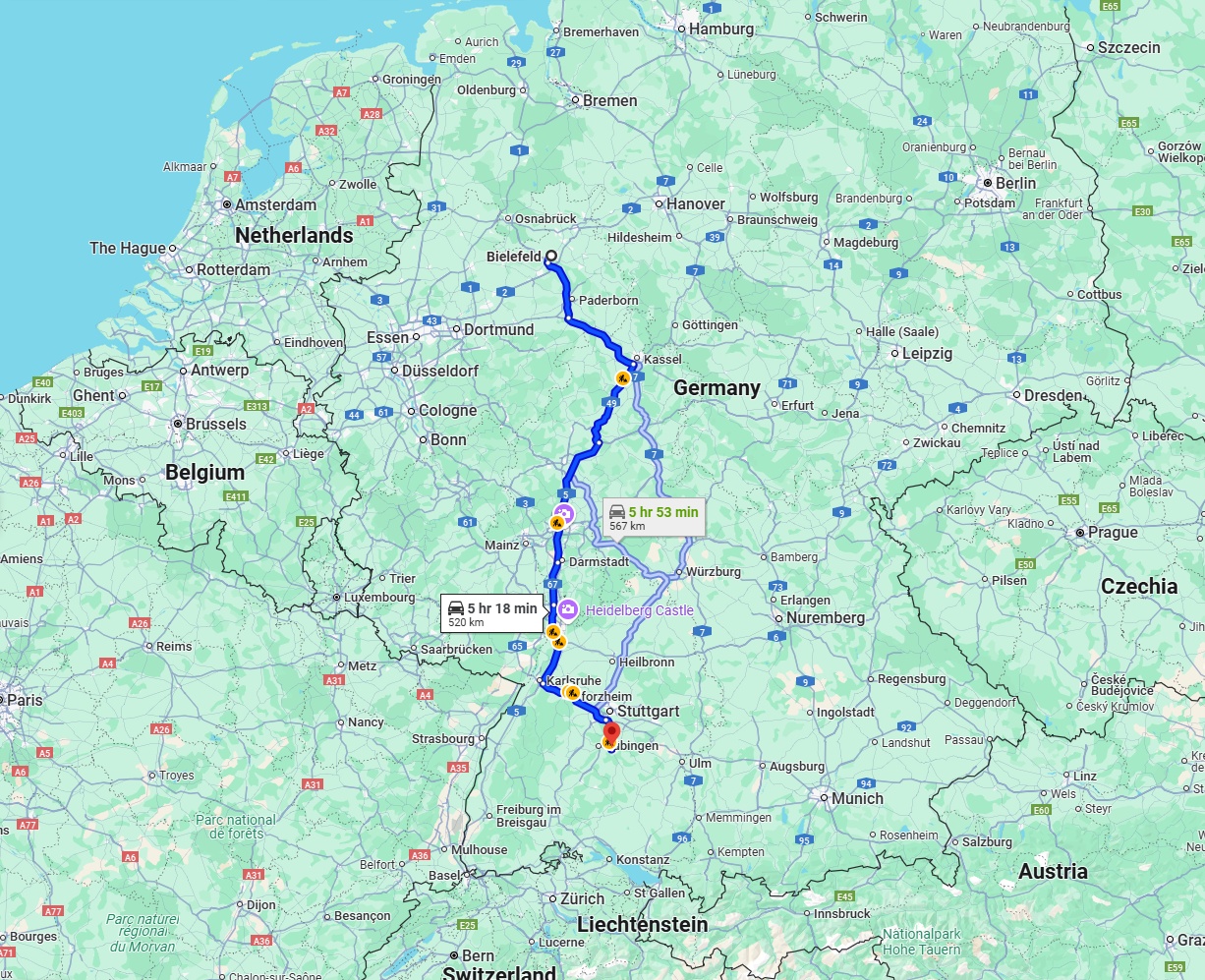 Anreise von Bielefeld Zu Reutlingen Über via A5