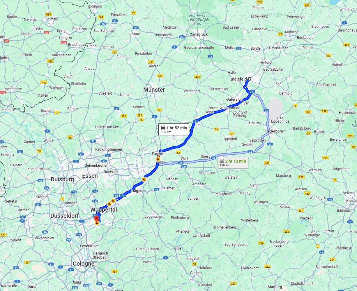 Anreise von Bielefeld Zu Solingen Über via A2 and A1