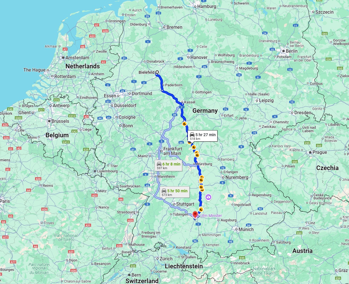 Anreise von Bielefeld Zu Ulm Über via A7