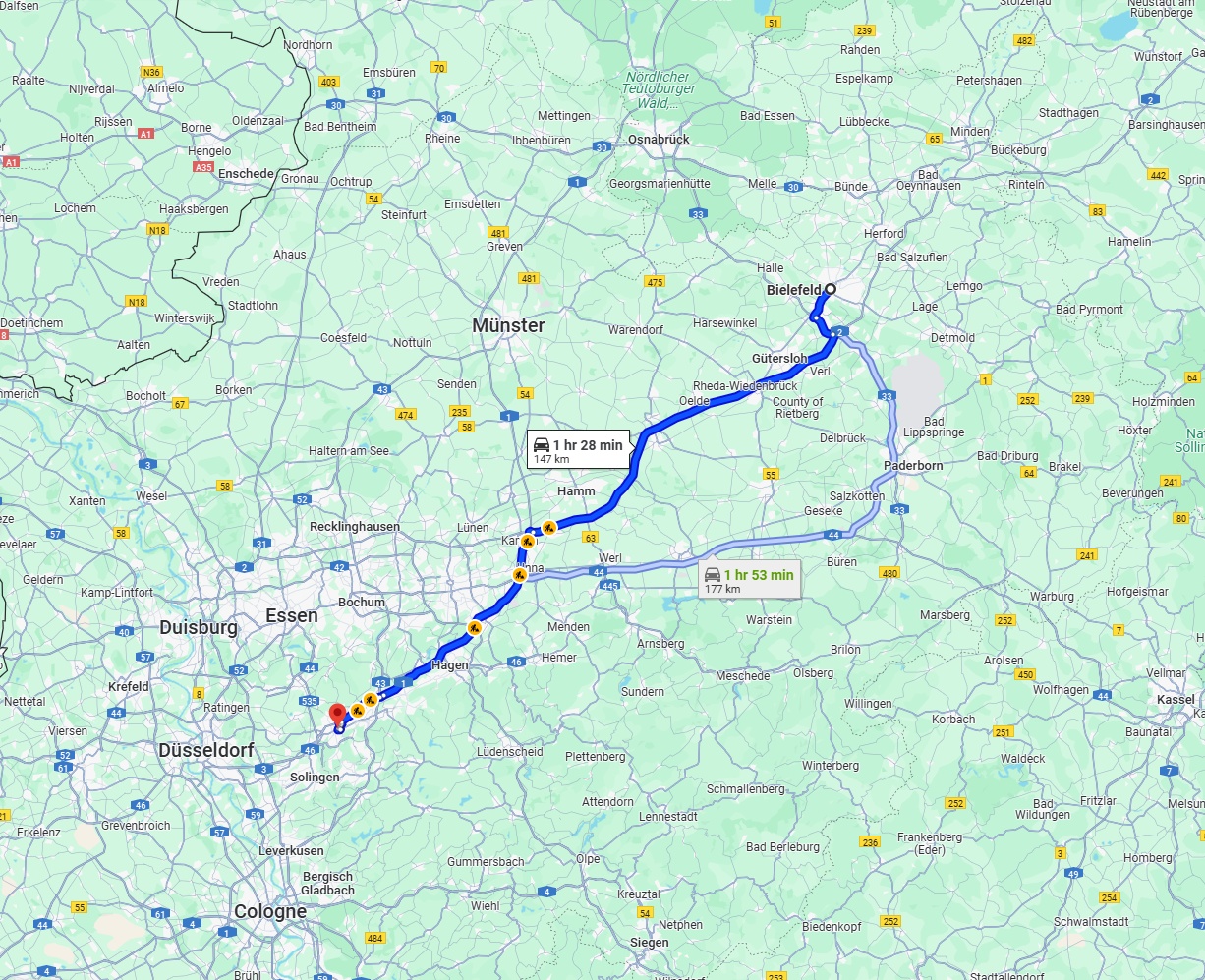 Anreise von Bielefeld Zu Wuppertal Über via A2 and A1