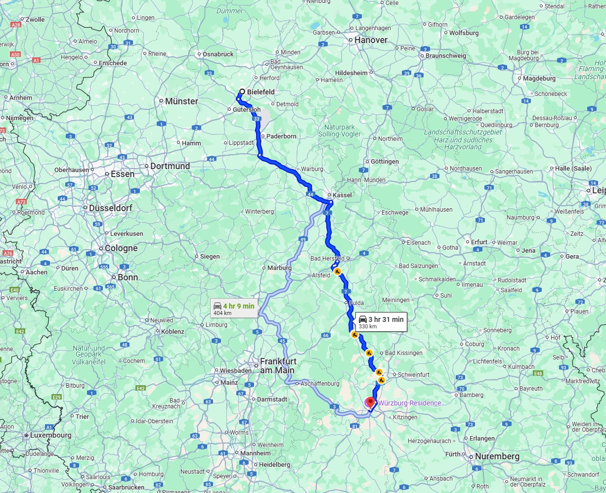 Anreise von Bielefeld Zu Würzburg Über via A7