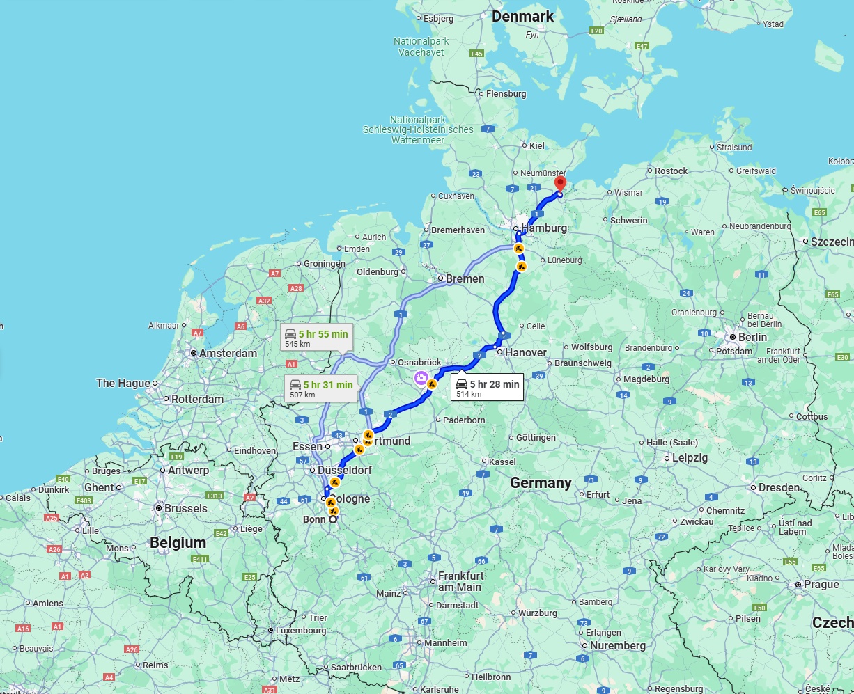 Anreise von Bonn Zu Lübeck Über via A2 and A1