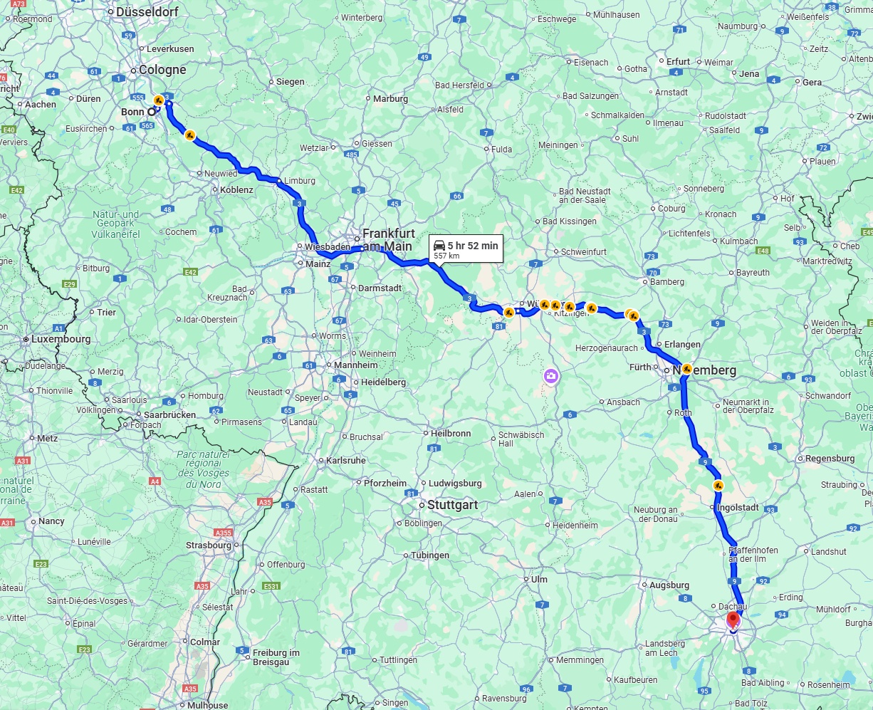 Anreise von Bonn Zu München Über via A3 and A9