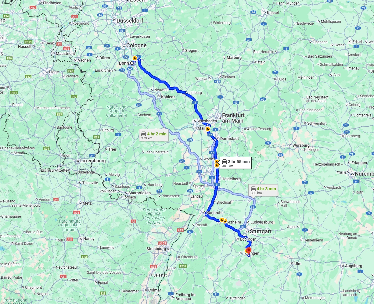 Anreise von Bonn Zu Reutlingen Über via A3 and A5
