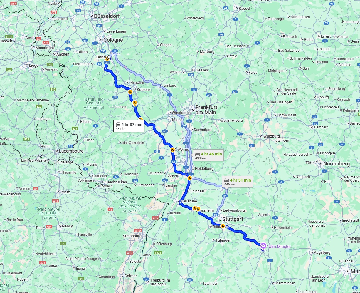 Anreise von Bonn Zu Ulm Über via A61 and A8