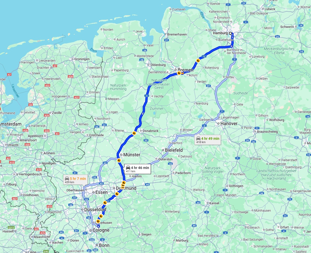 Anreise von Hamburg Zu Bergisch Gladbach Über via A1