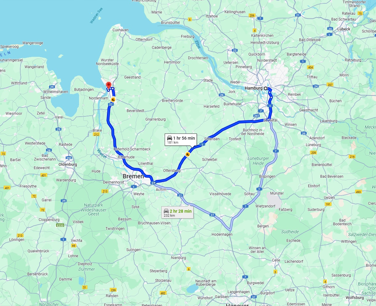Anreise von Hamburg Zu Bremerhaven Über via A1 and A27