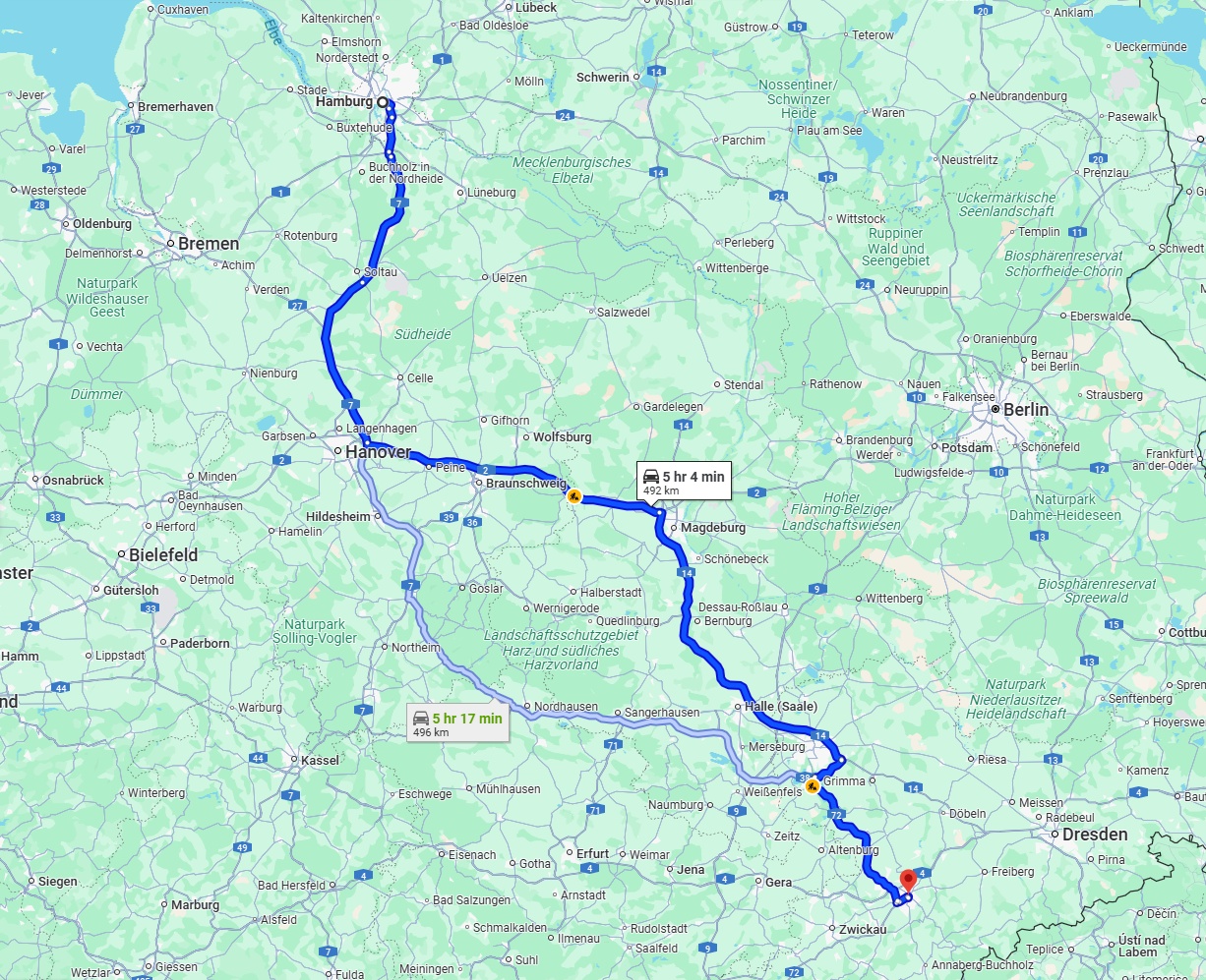 Anreise von Hamburg Zu Chemnitz Über via A14