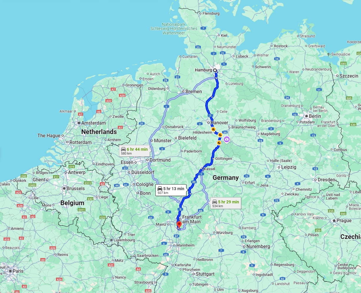 Anreise von Hamburg Zu Darmstadt Über via A7