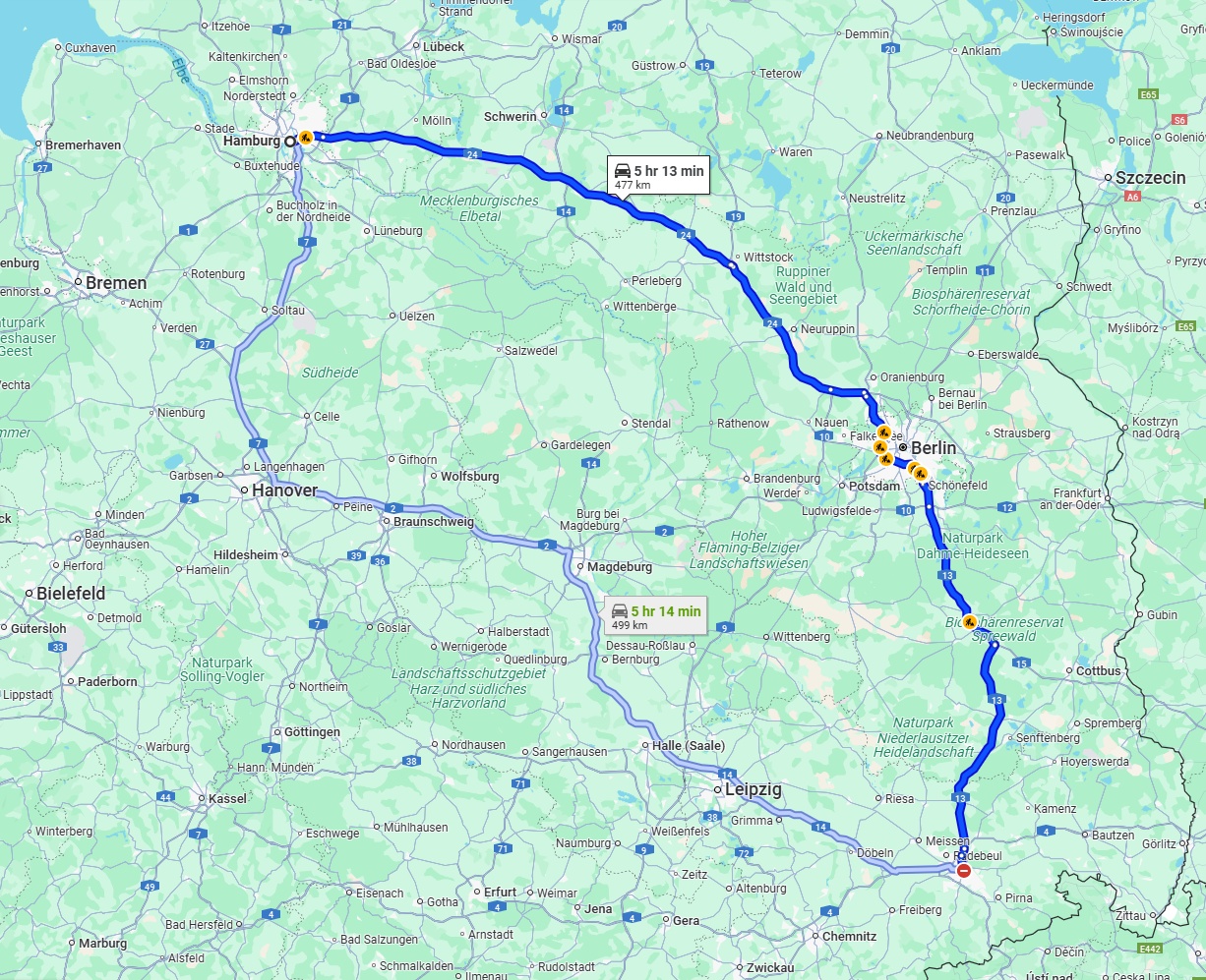 Anreise von Hamburg Zu Dresden Über via A24 and A13