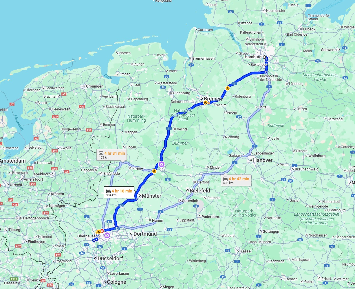 Anreise von Hamburg Zu Duisburg Über via A1