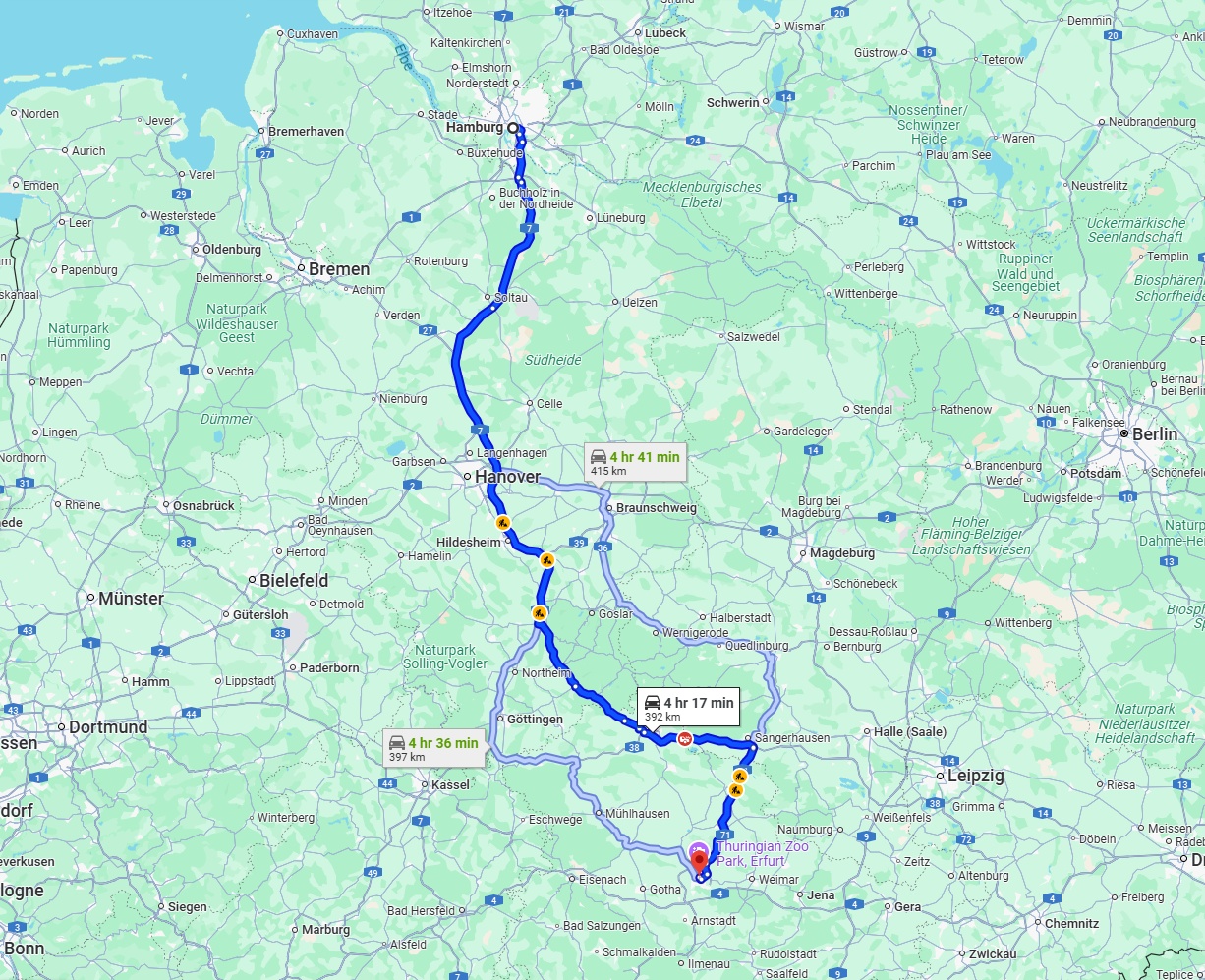 Anreise von Hamburg Zu Erfurt Über via A7