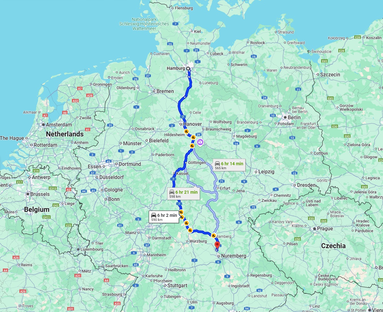 Anreise von Hamburg Zu Erlangen Über via A7
