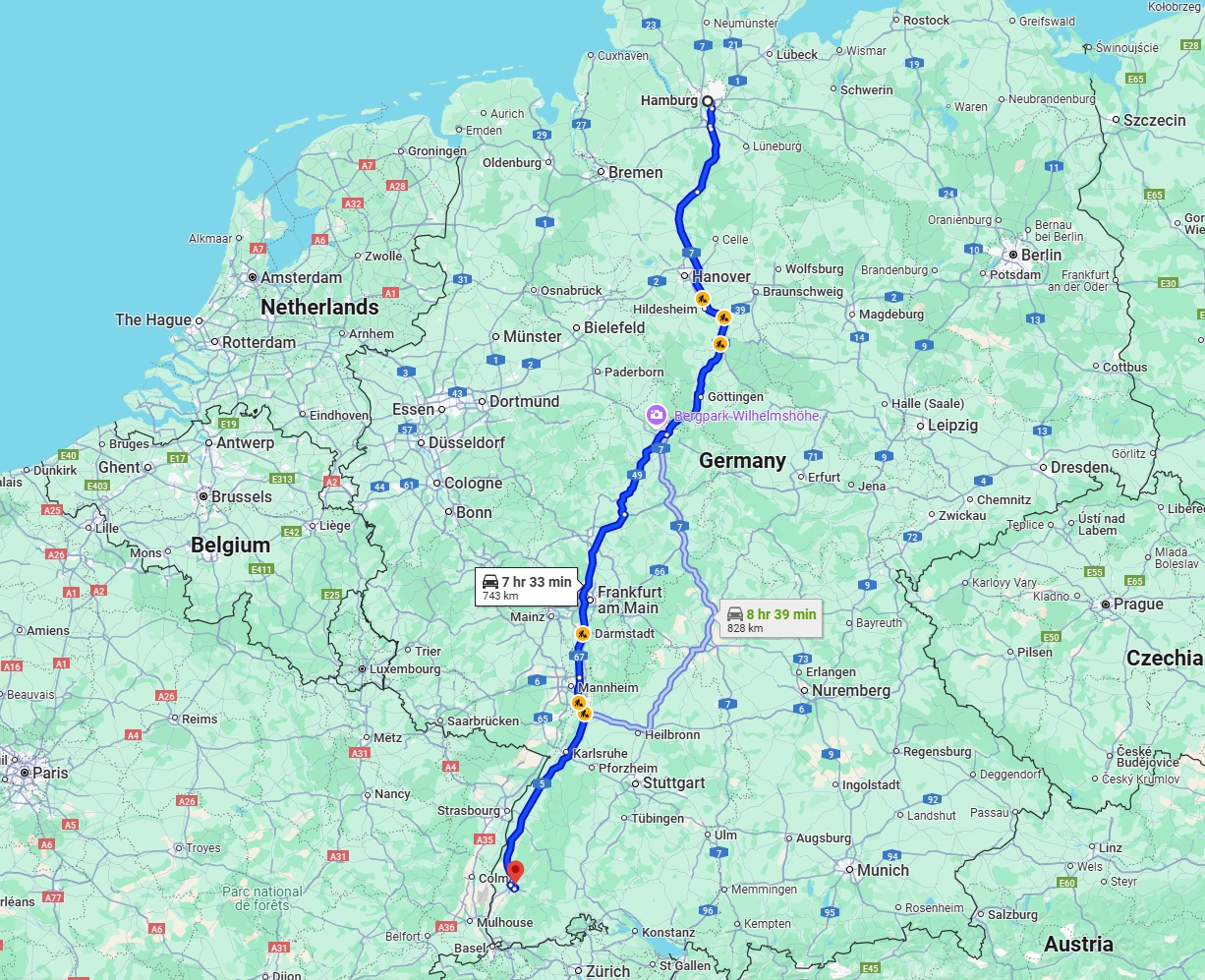 Anreise von Hamburg Zu Freiburg im Breisgau Über via A7 and A5