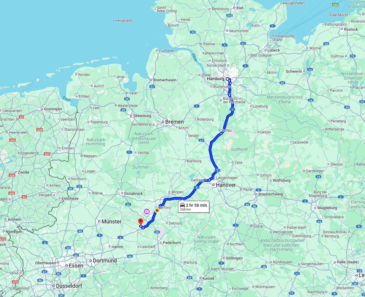 Anreise von Hamburg Zu Gütersloh Über via A7 and A2