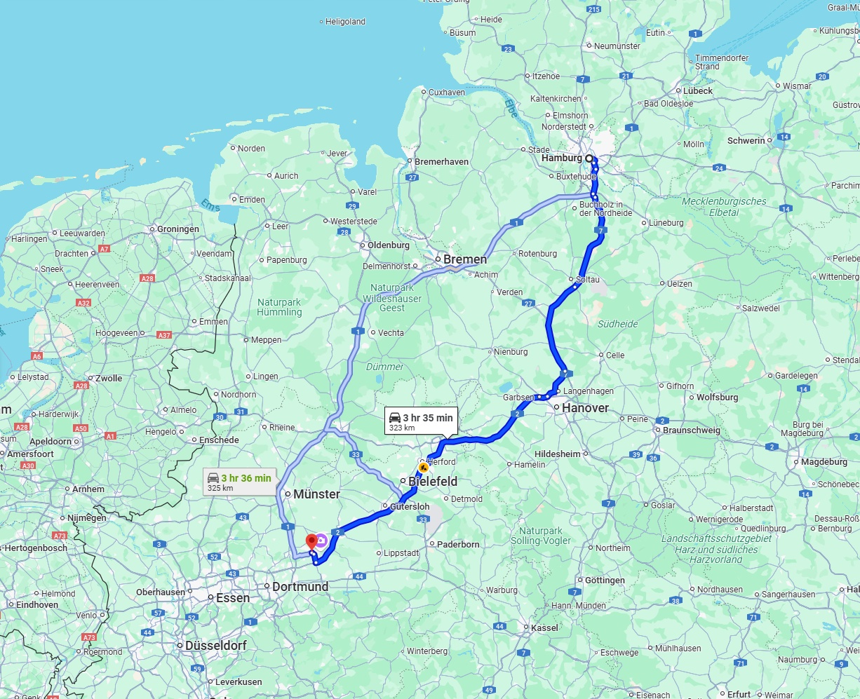 Anreise von Hamburg Zu Hamm Über via A7 and A2