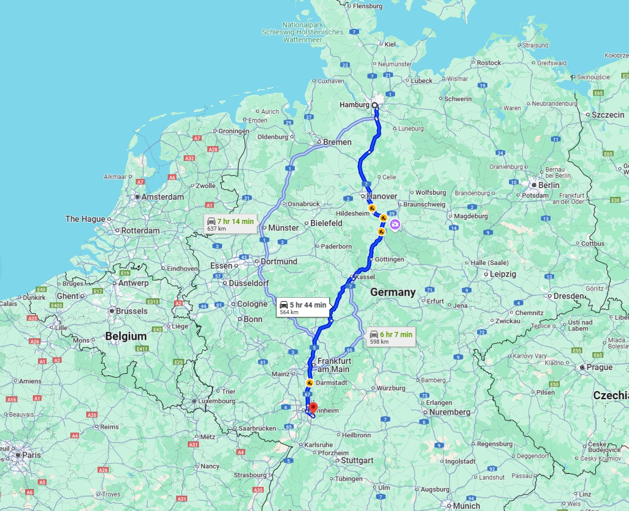Anreise von Hamburg Zu Heidelberg Über via A7