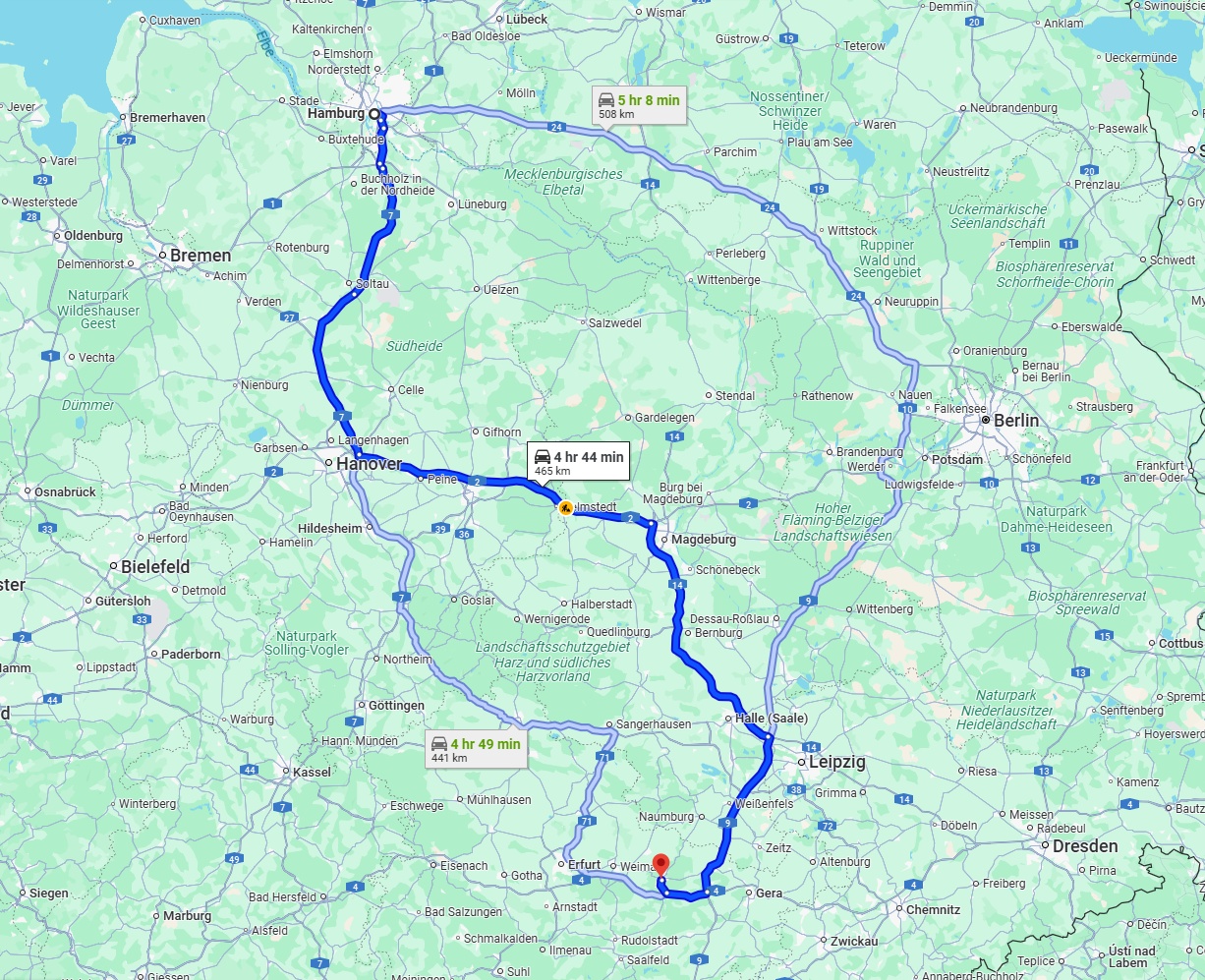 Anreise von Hamburg Zu Jena Über via A7 and A2