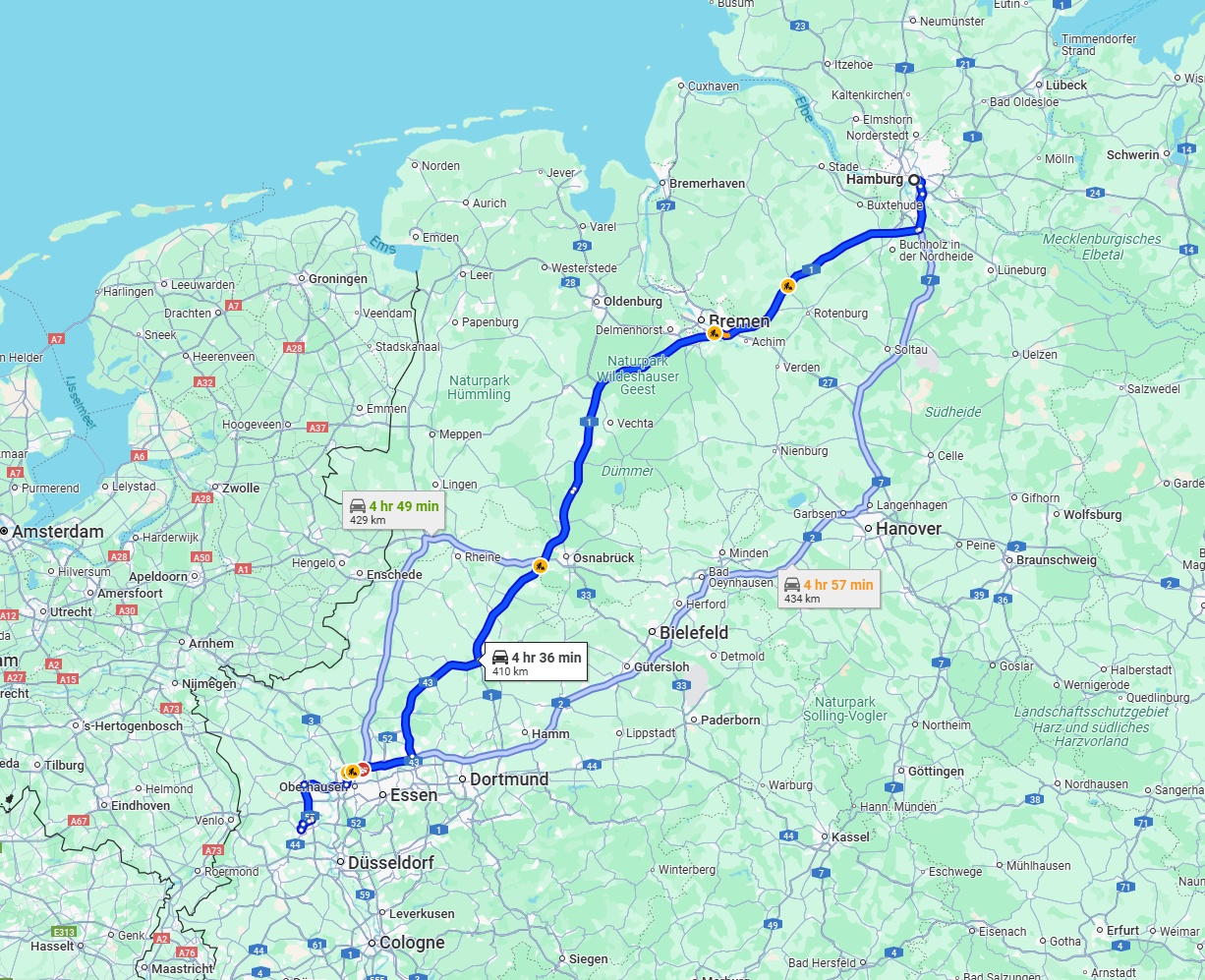 Anreise von Hamburg Zu Krefeld Über via A1