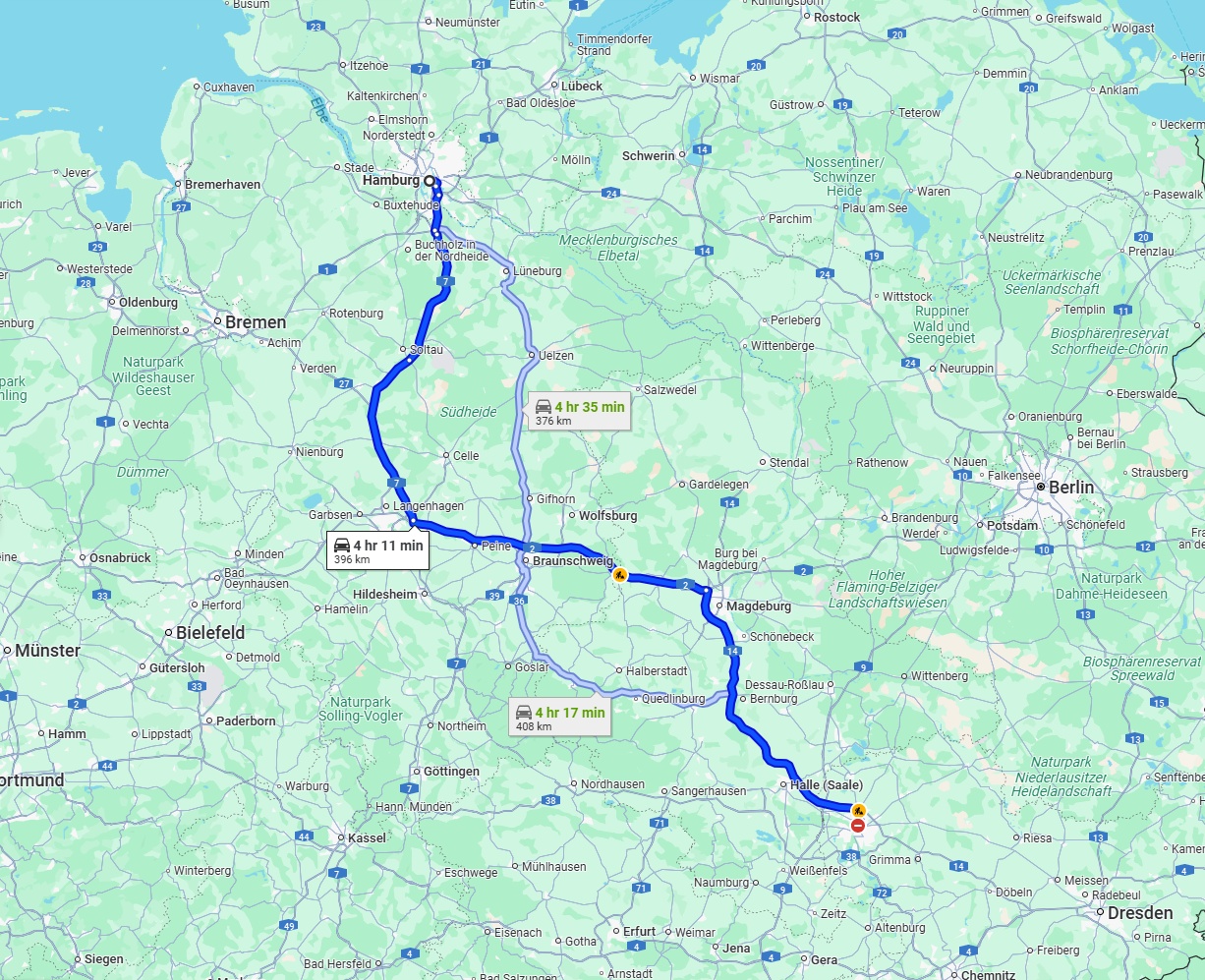 Anreise von Hamburg Zu Leipzig Über via A7, A2 and A14